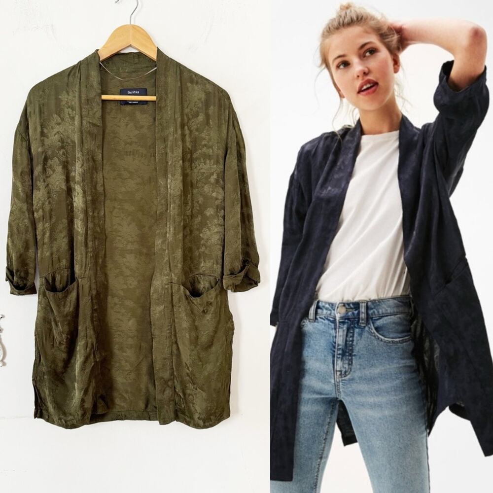 Bershka Olive Green Floral Jacquard Satin Kimono XS